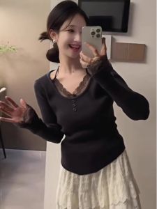 chaqi | เสื้อถักผู้หญิงแขนยาวคอวีลายลูกไม้ทรงเข้ารูป เสื้อชั้นในดีไซน์เก๋ไก๋ เสื้อตัวบนสองชิ้นปลอม ผ้าฝ้ายผสมโพลีเอสเตอร์