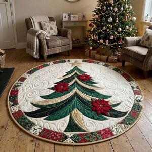VIKAMA Vintage Patchwork Christmas Tree Round Rug Soft Non-Slip Living Room Rug Festive Decorative Carpet Holiday Home Decor
