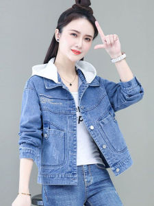 Trendy Anti-Aging Long Sleeve Hooded Denim Jacket Womens Loose Casual Versatile Mom Top Fall New Arrival Button Pocket Detail