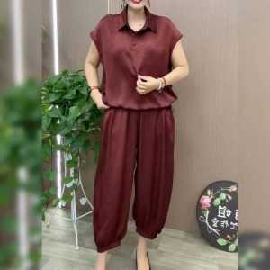 Summer Mom Wear Fashion Pure Color Casual Suit Womens Plus Size Loose Figure Flattering Short Sleeve Top Harem Pants Two-piece Set