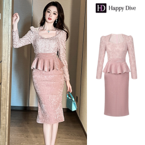 Happy Diva เดรสผู้หญิง เดรสสีชมพู เดรสคอเหลี่ยม เดรสลูกไม้ เดรสทำงาน เดรสไฮโซ เดรสวินเทจ เดรสออกงาน เดรสปาร์ตี้ ชุดราตรี 45031