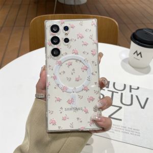 CrashStar MagSafe Pink Floral Transparent Soft TPU Phone Case For Samsung Galaxy Note 20 Ultra S25 S24 S23 S22 Ultra S21 Plus + S20 FE Note 10 Pro A16 A06 A55 A35 A15 A05S Wireless Charging Phone Casing Shockproof Cover Shell With Camera Protection