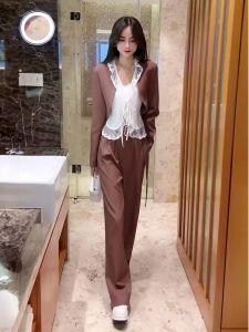 Thanh Lịch Ren Viền Áo Blouse Nhỏ Áo Khoác Và Ống Rộng Quần Chân Váy Midi Bộ Dành Cho Nữ Trang Phục Ba Mảnh