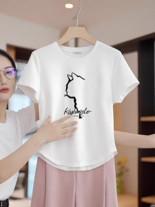 Womens Short Sleeve T-Shirt Pure Cotton Summer White Inner Wear Shortened Hemline Shoulder Arc Design Comfortable Fit round Neck