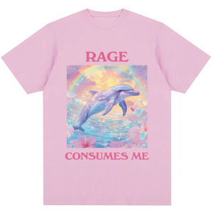 Sanrio | Rage Consumes Me Print T-shirt Funny Dolphin Meme Aesthetic Fashion T Shirts Men Women Oversized Cotton Novelty Casual T Shirt