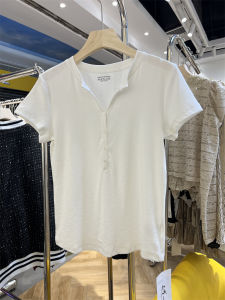 Summer New Womens T-shirt Half Button Design Snowflake Spiral Short Sleeve Base Shirt Elastic Versatile Top Korean Style Slim Fit