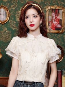 New Chinese Style Improved Cheongsam Embroidered Silk Georgette Top Women Summer Stand Collar Bubble Sleeve Small Shirt