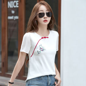 Women Short Sleeve Round-neck T-shirt Chiffon Sleeves Embroidery Chinese Style Tops 95% Cotton