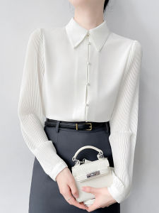 Korean Design Long Sleeve Accordion Pleated Sleeve Chiffon Shirt Womens French Style Commute White Shirt Turn-down Collar