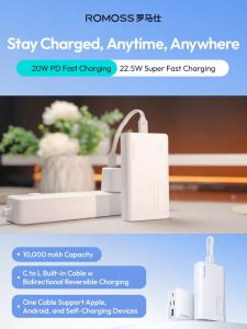 Romoss Sense4SL 22.5W 10000mAh Mini Power Bank With  Detachable Cable Type C And Lightning Powerbank for iPhone12-16 & Android