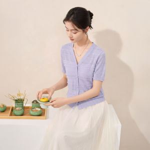 XIANGYING | Shoulder Knitted V-neck Short Sleeve Purple Summer New Womens Cardigan