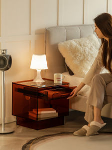 Grey Square Acrylic Silent Style Bedside Table Modern Minimalist Bedside Small Cabinet Household Bedroom Accessible Luxury Storage Cabinet