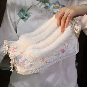 Autumn Winter Floral Embroidered Fleece Lined Hanfu Shoes Womens Matched Horse Tail Skirt Heightening Traditional Costume Warm Cotton Shoes