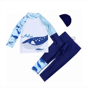 Two Pieces Swimwear for Children Swimsuit for Kids Swimming Outfit for Boys 2-10 Y Child Rash Guard Baby Long Sleeve Sandy Wear with Swim Cap Light Blue Patchwork Whale Pattern