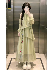 PEIZIXUAN | Đầm Dài Chiffon Xanh Lá Độc Đáo