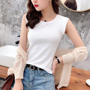 เสื้อกั๊กแขนกุดคอตุ้มสีขาวสำหรับผู้หญิง ทรงสลิมฟิต ผ้าฝ้ายแท้ ทรงสปอร์ต ใส่ด้านนอกในฤดูร้อน แฟชั่นเสื้อชั้นใน