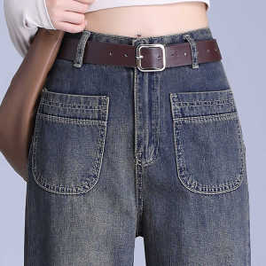 High Waist Wide Leg Denim Jeans Womens Cement Blue Faded Style Spring Autumn New Retro Cover Belly Hip Concealing Pants