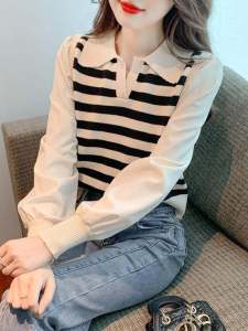 เสื้อสเวตเตอร์ถักลายทางแขนยาวหลวมๆ ดีไซน์เก๋ไก๋สำหรับผู้หญิงในฤดูใบไม้ร่วงปี 2024 เครื่องประดับนิ้วชุบเงินแบบใหม่จากแบรนด์ YUERUO