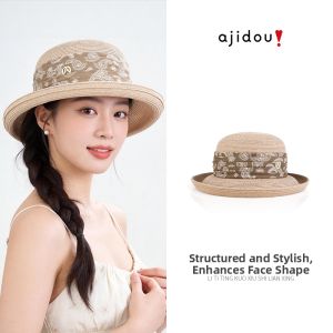 ajidou | Vintage Design Small-batch Khaki Cashew Flower Edge-rolled Straw Hat