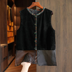 Black Velvet Vest Womens Style Retro Color Block Mesh Gold Velvet Top Splicing Design Original Design Pure Color round Neck
