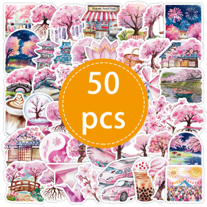 50PCS Pink Cherry Blossom Graffiti Stickers DIY Aesthetic Decoration Notebook Guitar Bike Kawaii Waterproof Decals Kids Toy Gift