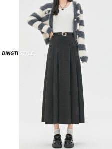 Gray Woolen A-Line Midi Skirt Womens Autumn Winter New High Waist Slimming Half-length Pleated Skirts for Small Figures