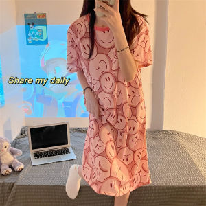Summer Sweet Heart Print Cotton Blend Sleepwear Womens Short Sleeve Strap Home Clothes Two-Piece Set Thin Fabric Breathable