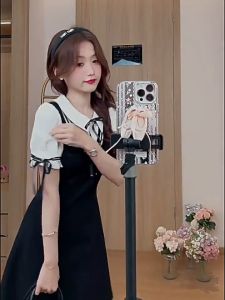 FASHLOVER Preppy Style Dress Women Fake Two Piece Dress Polo Collar Short Dress Splicing Waist Retraction