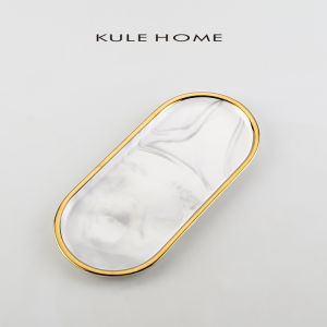 KULE HOME Luxury Gold-Embellished Plate Bathroom Vanity Tray Elegant Storage Dish Multi-Functional Ceramic Plate for Dining