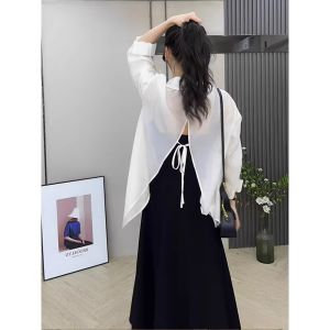 Summer New Womens French Style Chiffon Shirt Thin Outerwear Cardigan Back Slit Sun Protection Clothes Long Sleeve Loose Fit
