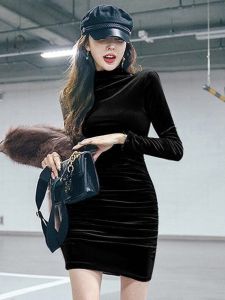 Váy Midi Bó Sát Bằng Nhung Vàng Xuân 2025 Dài Tay Xếp Ly Thiết Kế Cao Cấp Cho Nữ Mùa Thu Phong Cách Ngọt Ngào Váy Midi Bó Sát