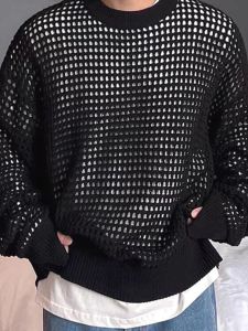 Idle Style Cut Out Hole Knitwear Mens Fancy Loose Long Sleeve Sweatershirt round Neck Pullover Plaid Cotton Knitwear T-Shirt