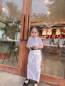 Set chân váy bút chì form dài kèm áo thun cotton cổ tròn cọc tay cho bé gái dễ thương size từ 7-35kg