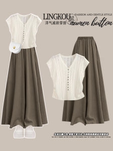 Elegant Summer Outfit Womens Korean Style Commute Casual Wide Leg Pants Short Sleeve Top V-Neck Two-Piece Set