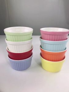 4Pcs 3.5 inch Ceramic Ramekins Souffle Baking Cups for Creme Brulee Custard Dessert Dishes White Ceramic baking bowl pudding egg tart cup souffle dessert bowl wicker cup