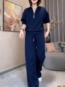 UYFY | Blue Large Size Casual Fashion Set Womens 2025 Autumn New Unique Popular Top Bottom Two Piece Set High Waist Long Pants