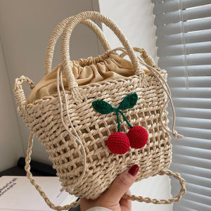 Cherry Straw Bag Female Ins Cute Seaside Vacation Beach Bag Crossbody Fresh One-Shoulder Knitted Small Bag Summer