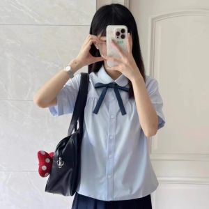 Áo Sơ Mi Nữ Tay Ngắn Màu Xanh Phong Cách Hàn Quốc Cổ Búp Bê Ngọt Ngào Thiết Kế Mùa Hè Cổ Điển Phong Cách Đại Học