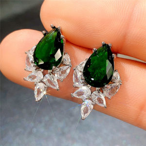 Huitan Pink/Green/Blue Pear Shaped CZ Stud Earrings Women Small Fresh Ear Accessories for Dance Party Gift Fashion Jewelry
