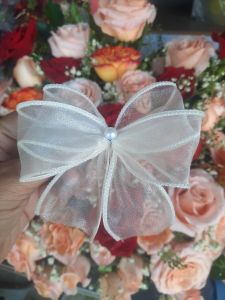 Nơ voan hạt ng ọc trang trí bó hoa siêu sinh - nhiều mầu sắc - đính kèm phụ kiện hộp quà túi giấy