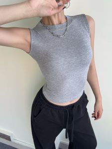 American Style round Neck Body Shaping Strap Vest Womens Inner Wear Grey Elegantly Spicy Short Sleeveless Close-Fitting Top