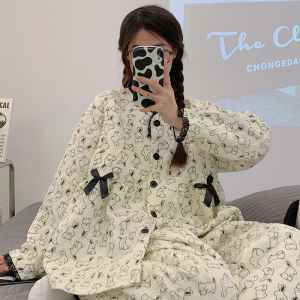 Thickened Pure Cotton Maternity Sleepwear Breastfeeding Feeding Home Clothes Large Size Womens V-neck Long Sleeve Pyjamas