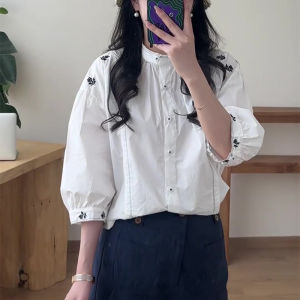SHUAIYUE | Áo Sơ Mi Rộng Dáng Hoa Thêu Phong Cách Retro Tay Ngắn