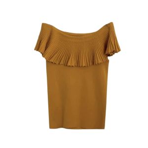 YUEZHONGWEI | French Style One Shoulder Pleated Orange Ice Silk Knitted Short Sleeve T-Shirt Women Summer Dopaamine Shoulder Baring Top