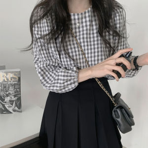 Korean Style Loose Round Neck Plaid Blouse Spring Autumn Hong Kong Style Retro Plaid Top Design Shirt Womens Long Sleeve