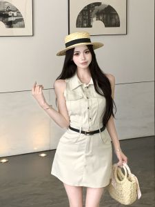 VKSOD | Váy vest không tay cổ polo kiểu Pháp thanh lịch cho nữ mùa hè 2025 Váy ngắn bó sát thiết kế đi làm