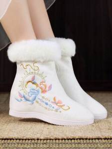 Thickened Winter Snow Boots Womens Hanfu Shoes Embroidered Floral Cotton Boots Inner Heightening Traditional Chinese Style