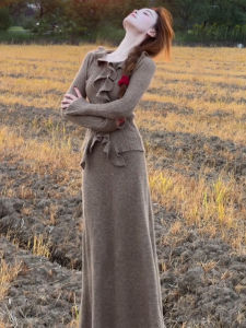 SHANGSHA | Feminine Luxury French Laid-back Style Elegant Camel Knit Dress
