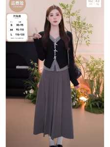 ชุดสองชิ้นแขนยาวเอวสูง กระโปรงสั้น สไตล์หวานๆ สำหรับผู้หญิงไซส์ใหญ่ ชุดทำงานฤดูใบไม้ผลิและฤดูใบไม้ร่วง