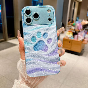 Cute 3D Paw Print Heart Flower Phone Case For iPhone 17 16 15 14 13 12 11 Pro Max 15 16 Plus 16e 17e air Luxury Glitter Shockproof Soft Case Aesthetic Pastel Blue Floral Cover For Women Girls